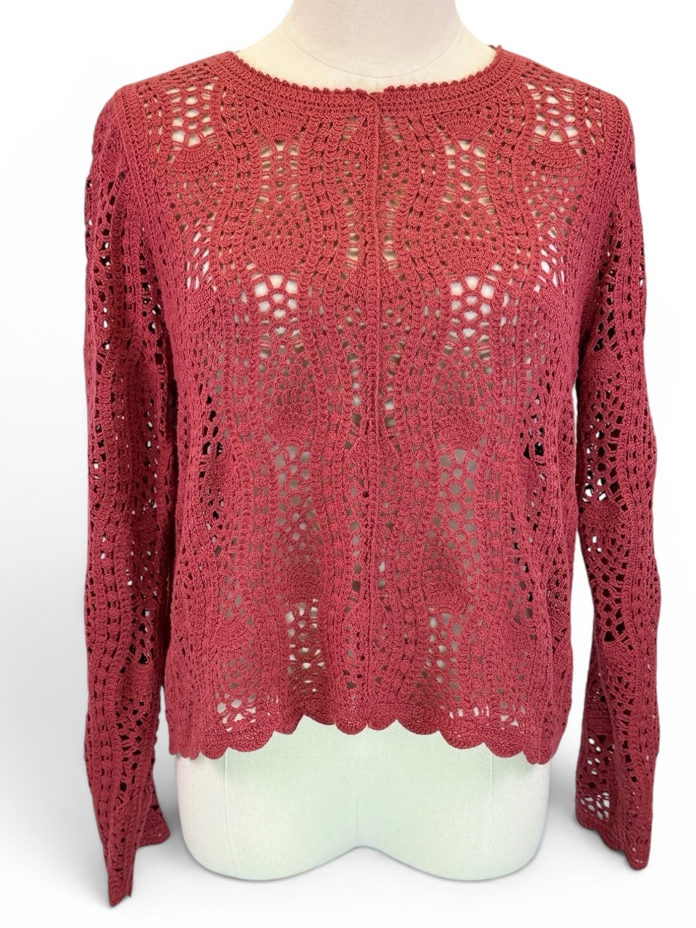 Adrianna Papell Red Pointelle Sweater Scallop Neckline & Hem Women's Size S